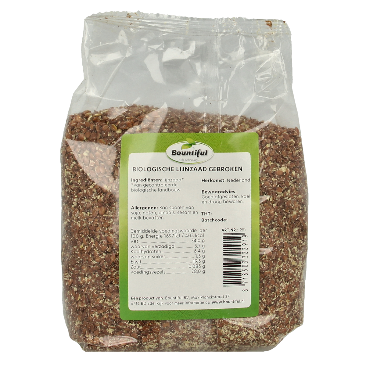Bountiful organic broken flaxseed in a 400g package, raw superfood with visible golden flax seeds on the label.