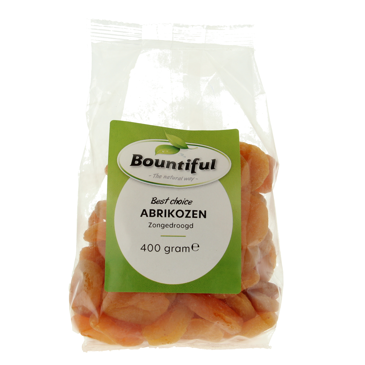 Bountiful Bountiful Abrikozen, 400g, fresh dried apricots in a clear package, part of fruit and vegetable selection.