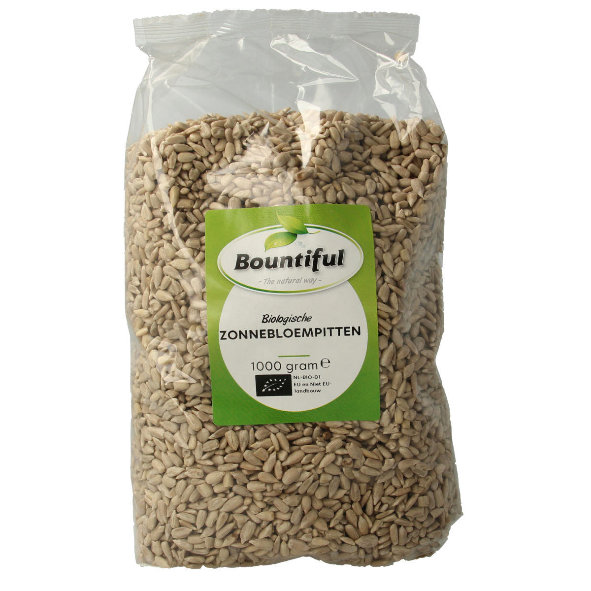 Bountiful organic sunflower seeds in a 1kg bag, raw superfood snack with natural sunflower kernel appearance