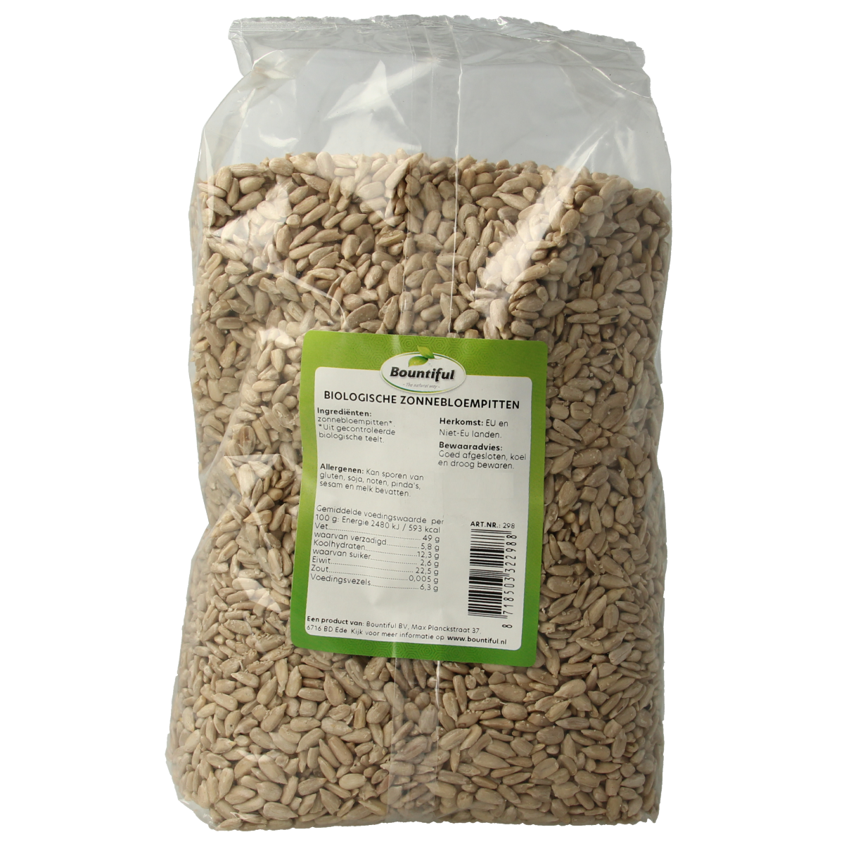 Organic Bountiful sunflower seeds in a 1kg bag, raw superfood snack with natural sunflower kernel appearance.