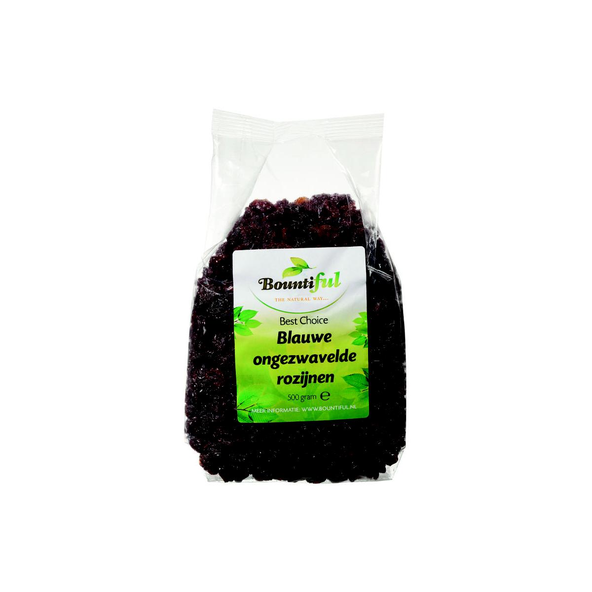 Bountiful Bountiful Rozijnen blauw ongezwaveld 500g, a package of dried blue raisins from Bountiful, shown in the image.