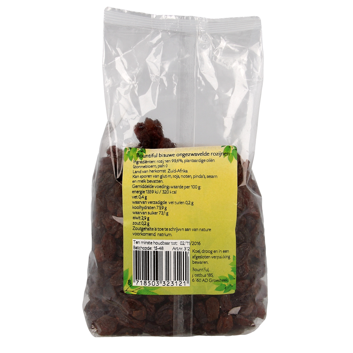 Bountiful blue unsulphured raisins in a 500g package, ideal for baking and snacking, with clear product packaging visible.