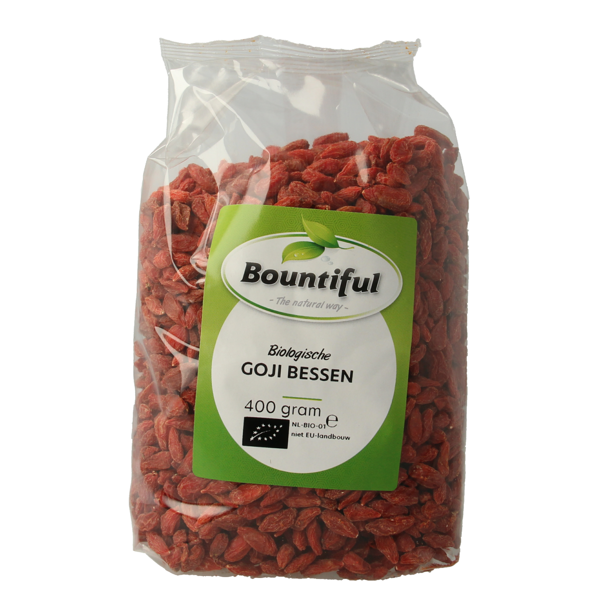 Bountiful organic goji berries in a 400g package, raw superfood with vibrant red dried goji berries in a clear container.
