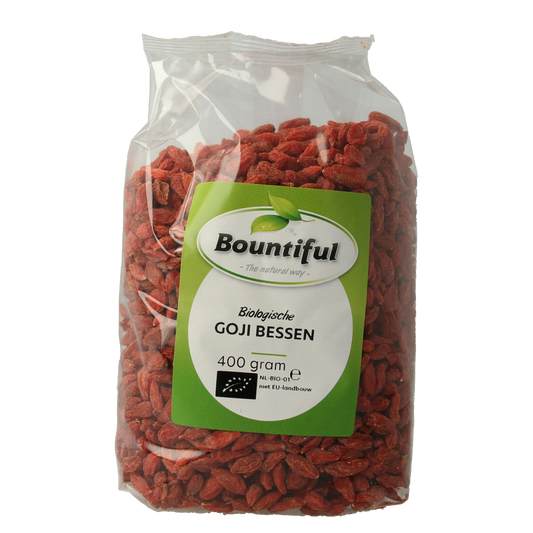Bountiful organic goji berries in a 400g package, raw superfood with vibrant red dried goji berries in a clear container.