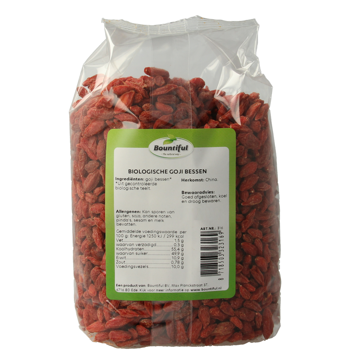 Organic Bountiful Goji berries in a 400g package, raw superfood with vibrant red dried berries on a white background.