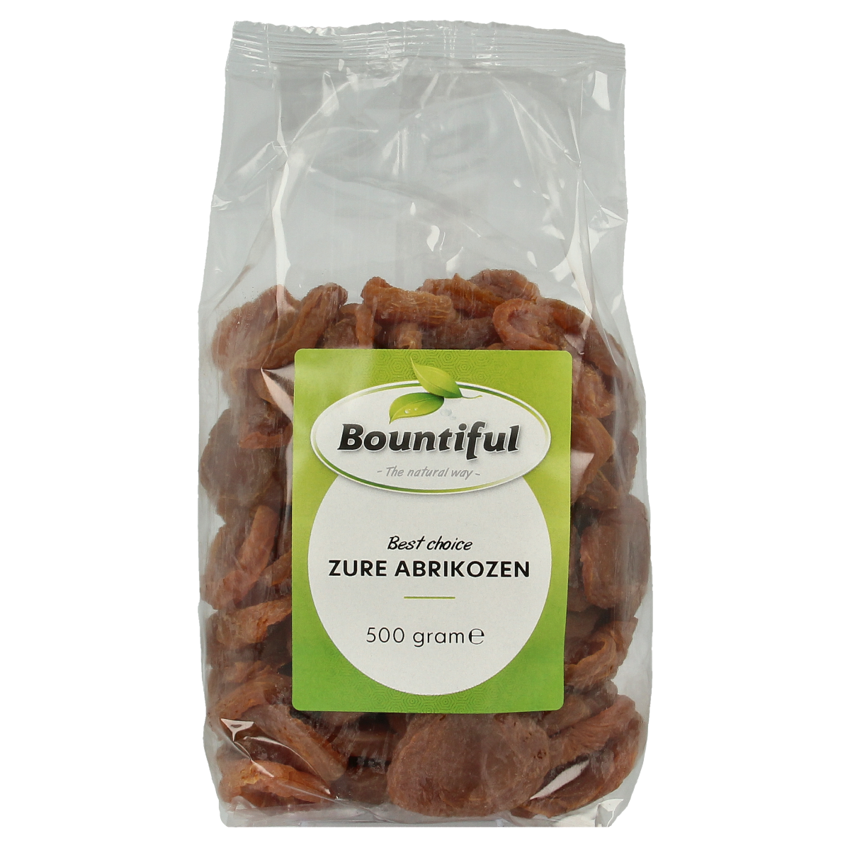 Bountiful Bountiful Abrikozen zuur 500g jar with vibrant orange label, showcasing fresh apricots and fruit preserves.