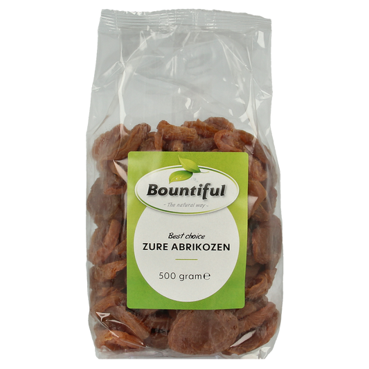 Bountiful Bountiful Abrikozen zuur 500g jar with vibrant orange label, showcasing fresh apricots and fruit preserves.