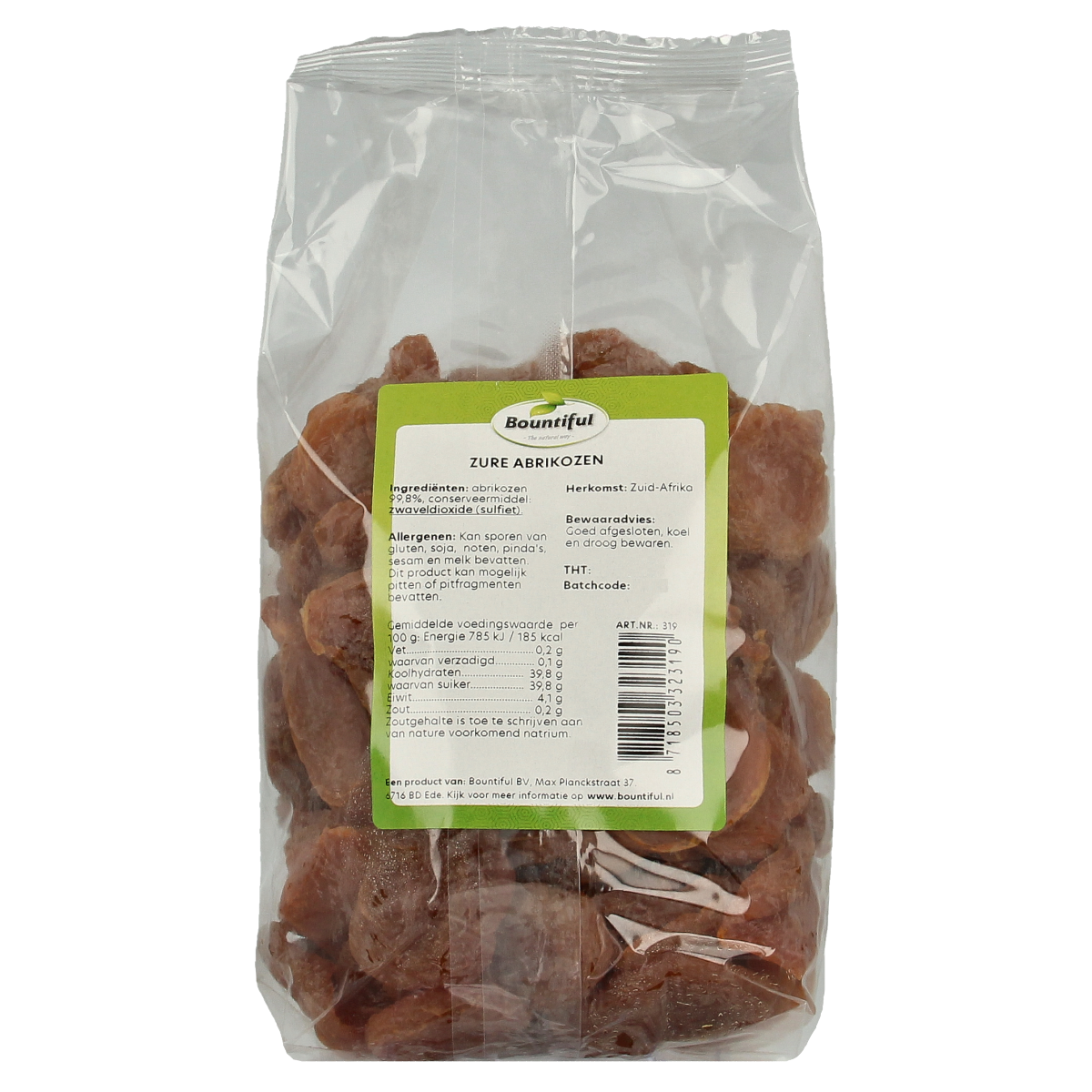 Fresh Bountiful apricots in a 500g package, showcasing vibrant orange fruit on a white background.