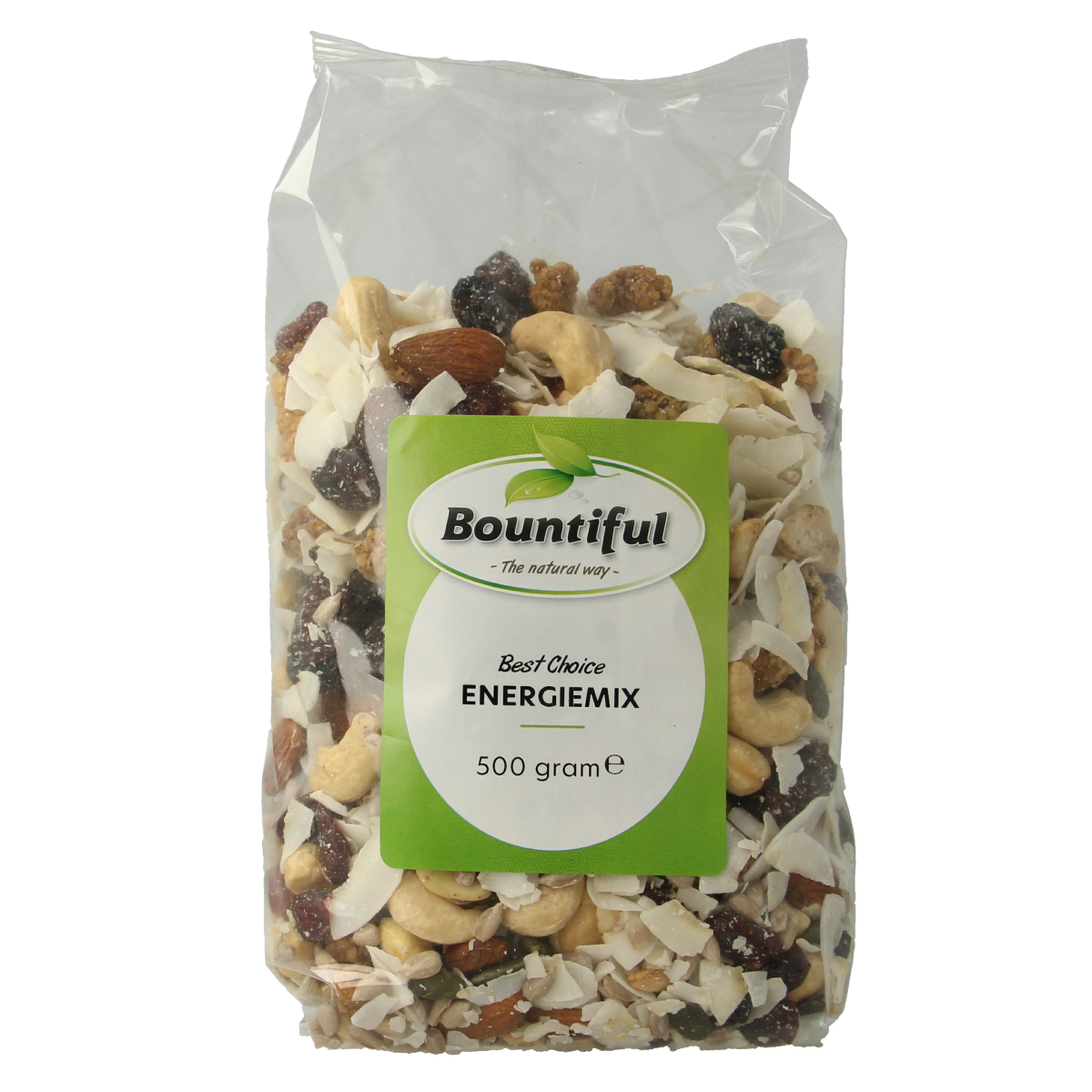 Bountiful Energiemix bio 500g, a mix of organic potatoes, vegetables, and fruits displayed in a clear bag.