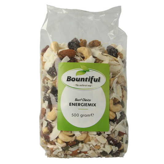 Bountiful Energiemix bio 500g, a mix of organic potatoes, vegetables, and fruits displayed in a clear bag.