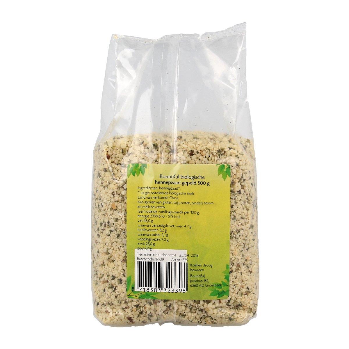 Bountiful Bountiful Hennepzaad bio 500g raw hemp seeds in a clear container, highlighting natural, organic superfood qualities