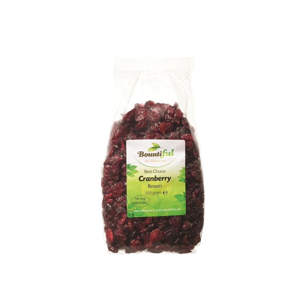 Raw Bountiful Cranberry Bessen superfoods in a 500g package, showing fresh red cranberries with a natural outdoor background.