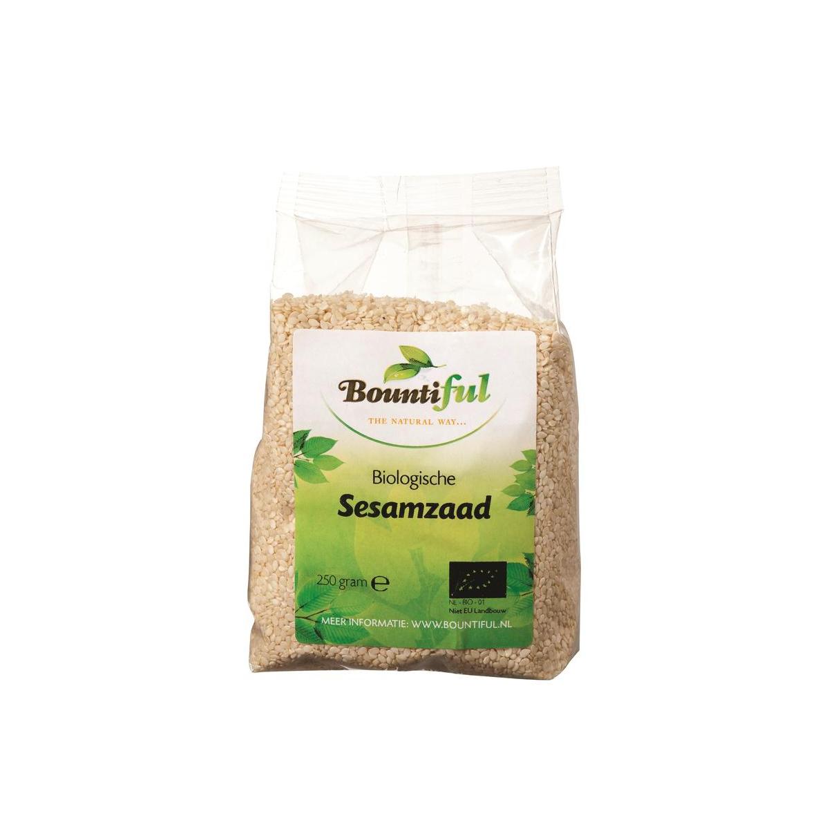 Organic Bountiful Sesamzaad raw superfoods in a 250g package, close-up of toasted sesame seeds.