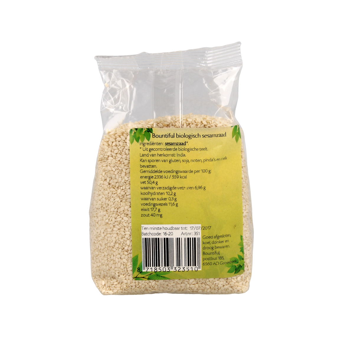 Raw organic sesame seeds by Bountiful, shown in a 250g package, with a close-up of the light tan seeds in a clear container.