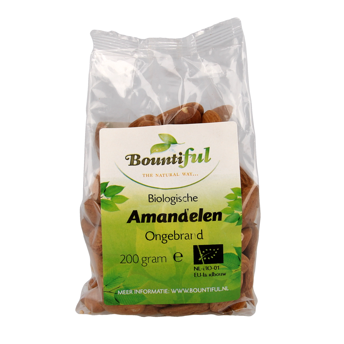Bountiful organic unroasted almonds in a 200g package, shown in a clear image of the chips and zoutjes product line.