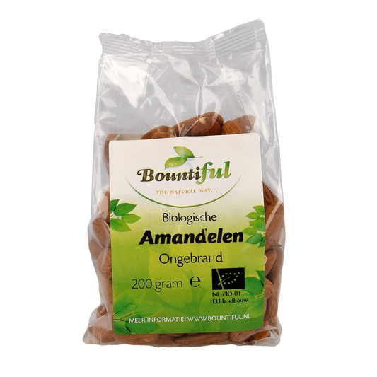 Bountiful Bountiful Organic Unroasted Almonds in 200g package, chips and zoutjes, close-up of almonds on the package.