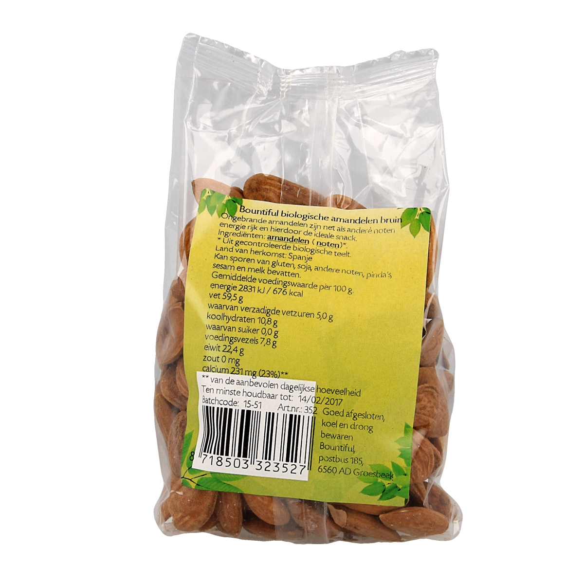 Unbaked organic Bountiful almond chips in a 200g package, shown in a close-up image with almonds and packaging details.