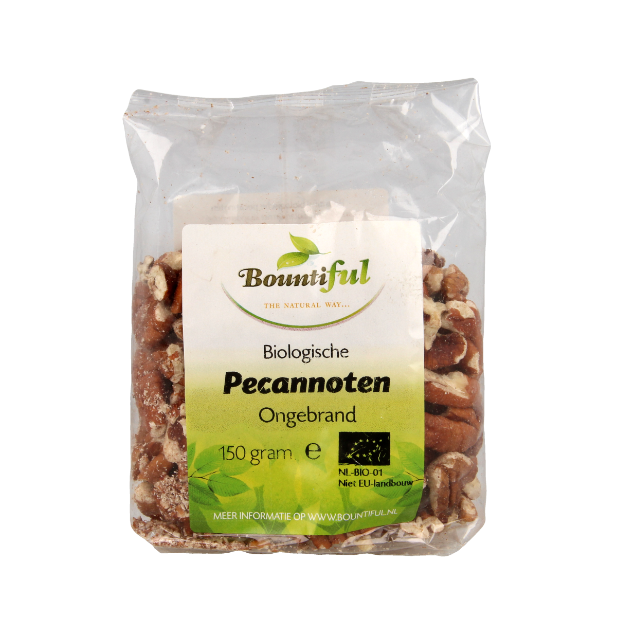 Raw Bountiful Pecannoten bio superfood in 150g package, featuring fresh, natural pecan nuts in a clear view.