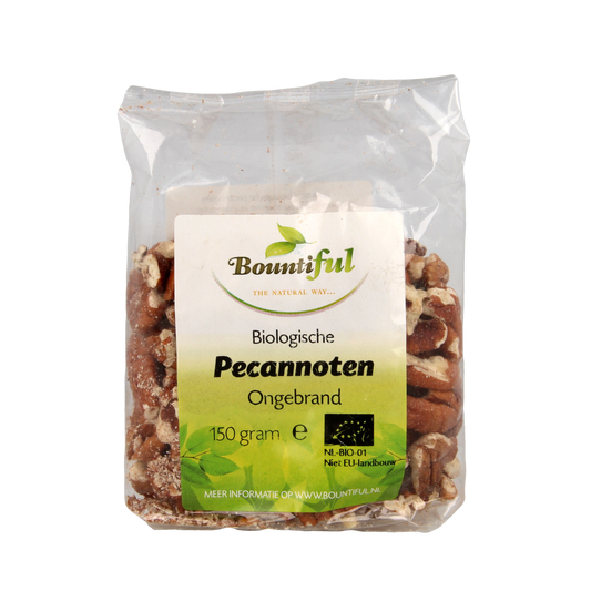 Raw Bountiful Pecannoten bio superfood in 150g package, featuring fresh, natural pecan nuts in a clear view.