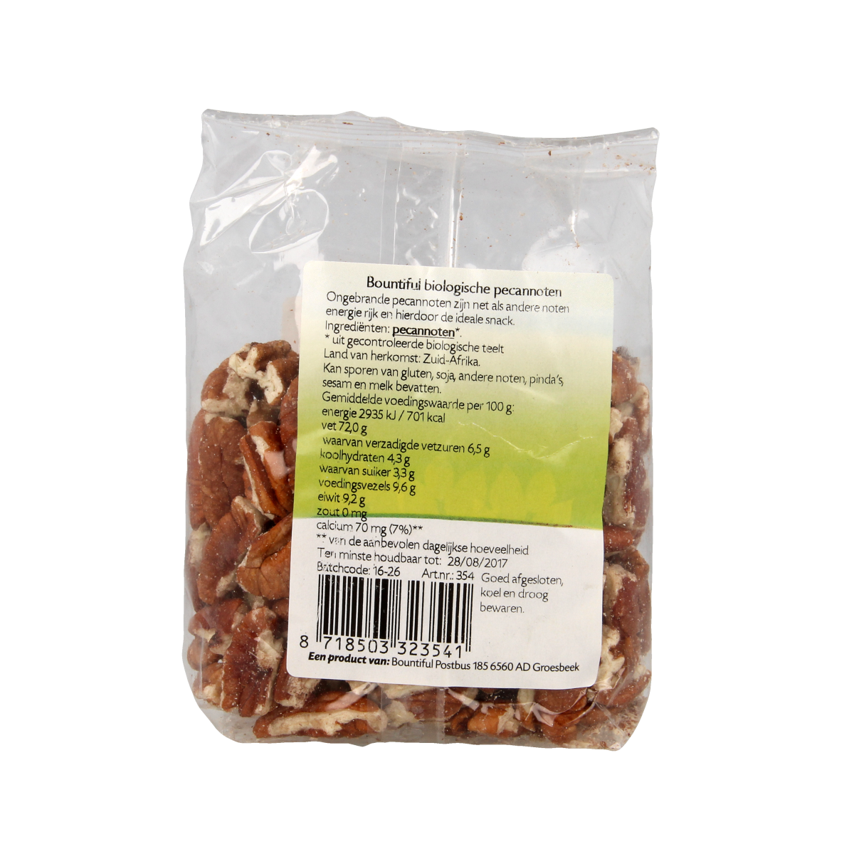 Raw pecannoten bio from Bountiful Superfoods, 150g, showing fresh, whole pecan nuts in natural light.