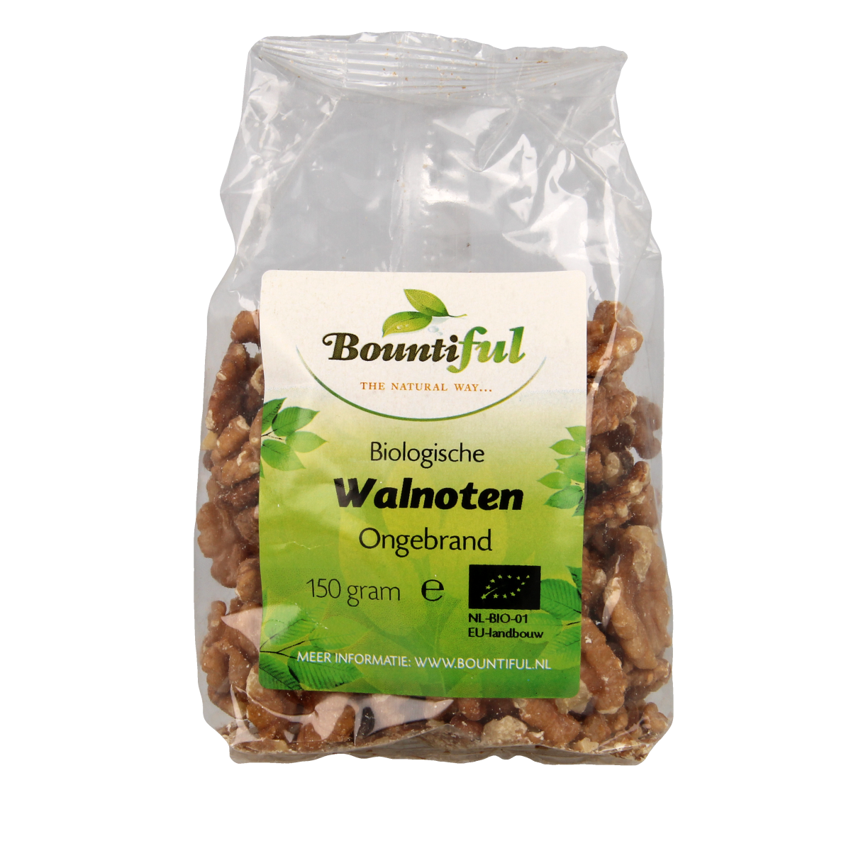 Bountiful Bountiful Walnoten bio 150g chips and zoutjes, organic walnuts in a clear package showing the product inside.