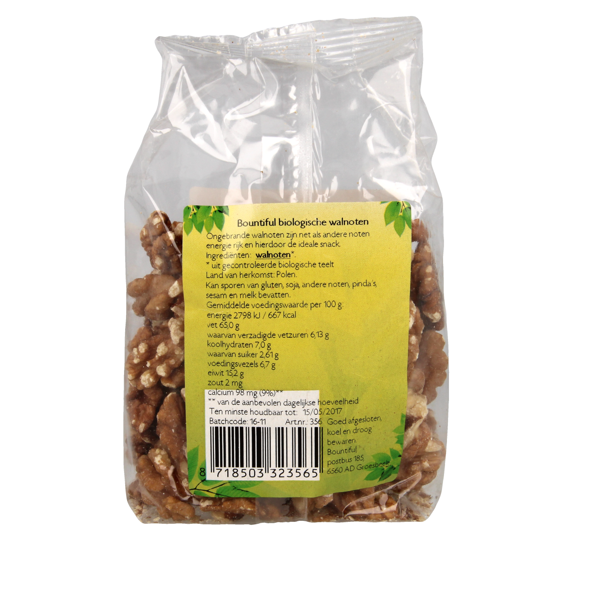 Bountiful organic walnut chips and salt in a 150g package, shown in the image.