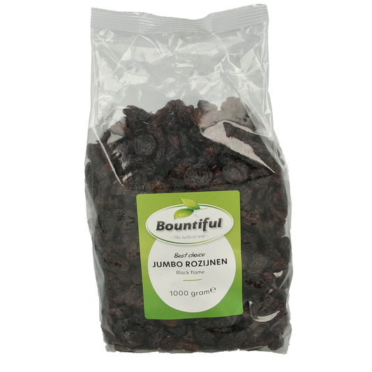 Bountiful jumbo black flame raisins in 1kg package, top view showing dark, plump dried grapes on a white background.