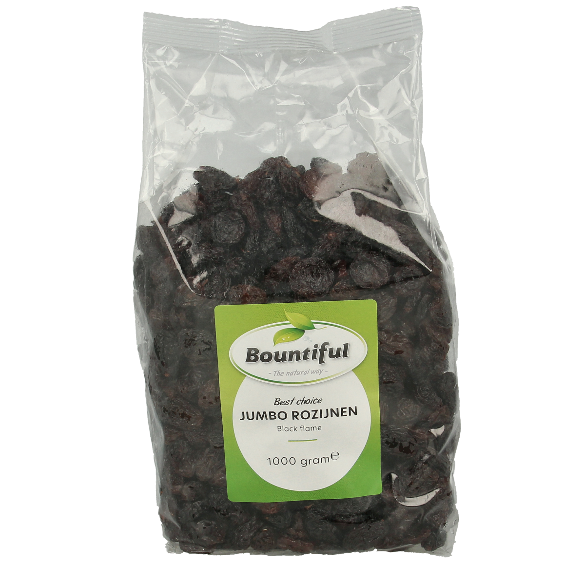 Bountiful jumbo black flame raisins in a 1kg package, ideal for snacking and baking, fresh and plump.