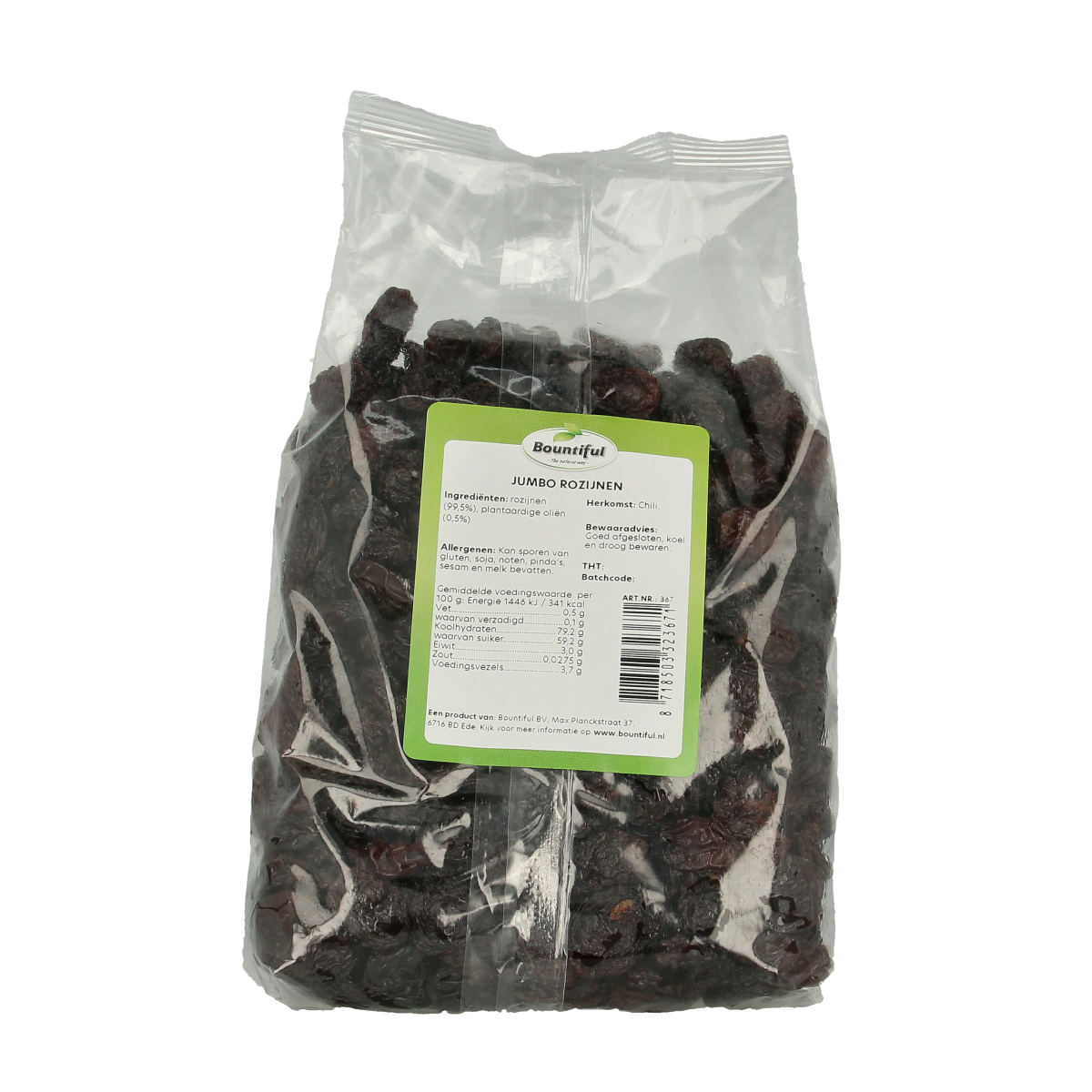 Bountiful jumbo black flame raisins in a 1kg package, displaying dark, plump dried grapes for snacking or cooking.