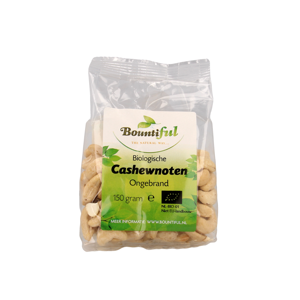 Bountiful organic cashew nuts in a 150g package, natural and crunchy snack, pile of whole cashews on a white background.