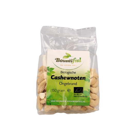 Bountiful organic cashew nuts in a 150g package, natural and crunchy snack, pile of whole cashews on a white background.