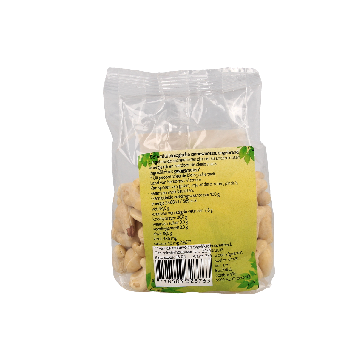 Bountiful bio cashew nuts in a 150g package, healthy snack and tussendoortje with crunchy, natural cashews.