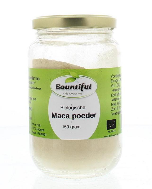 Bountiful Bountiful Macapoeder bio, 150g, raw superfood powder in a clear jar, with a fresh, earthy appearance.
