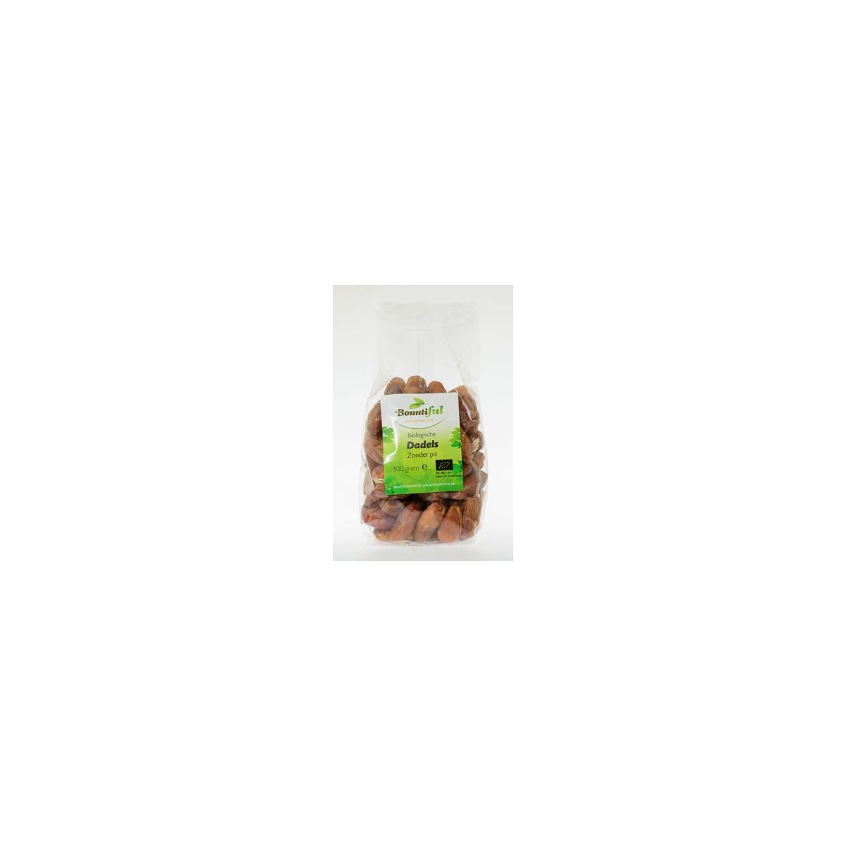 Bountiful organic pitless dates in a 500g package, shown in a clear image highlighting fresh, dried fruit.