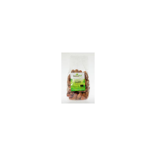 Bountiful organic pitless dates in a 500g package, shown in a clear image highlighting fresh, dried fruit.