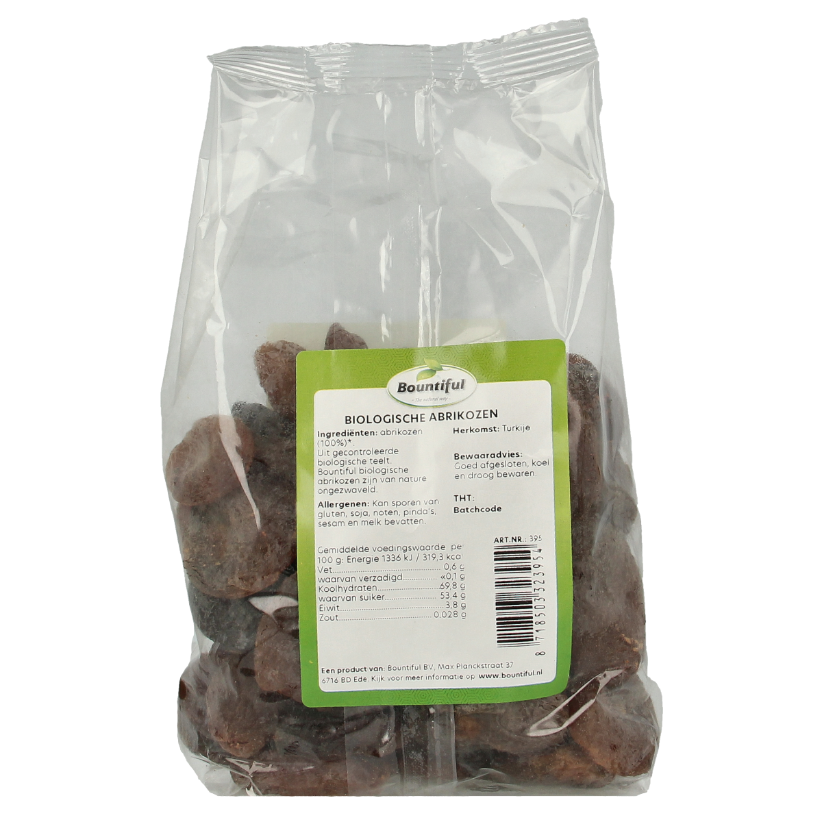 Bountiful organic apricots in a 500g package, raw superfood dried apricots shown in a clear image with vibrant orange color