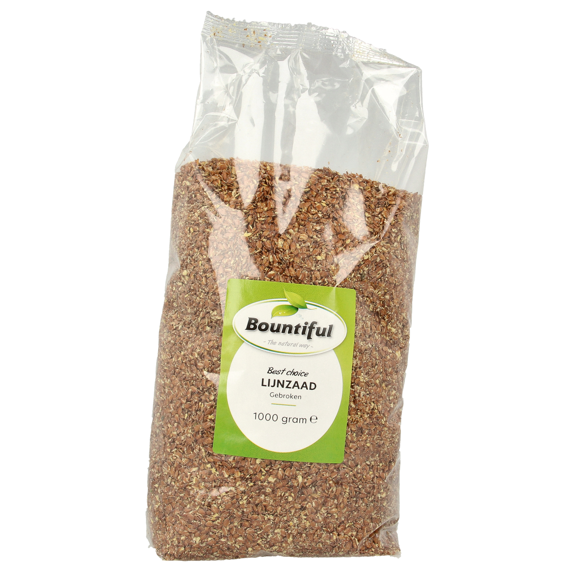 Bountiful Bountiful Lijnzaad gebroken, 1kg, with fibers and enzymes, showing a close-up of the broken flaxseed in a natural setting.