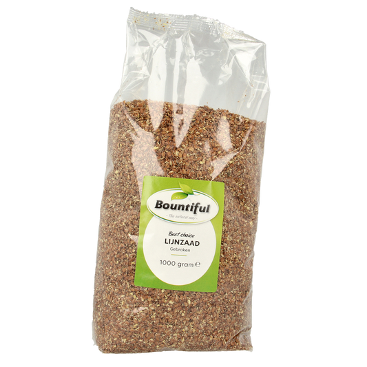 Bountiful Bountiful Lijnzaad gebroken, 1kg, with fibers and enzymes, showing a close-up of the broken flaxseed in a natural setting.