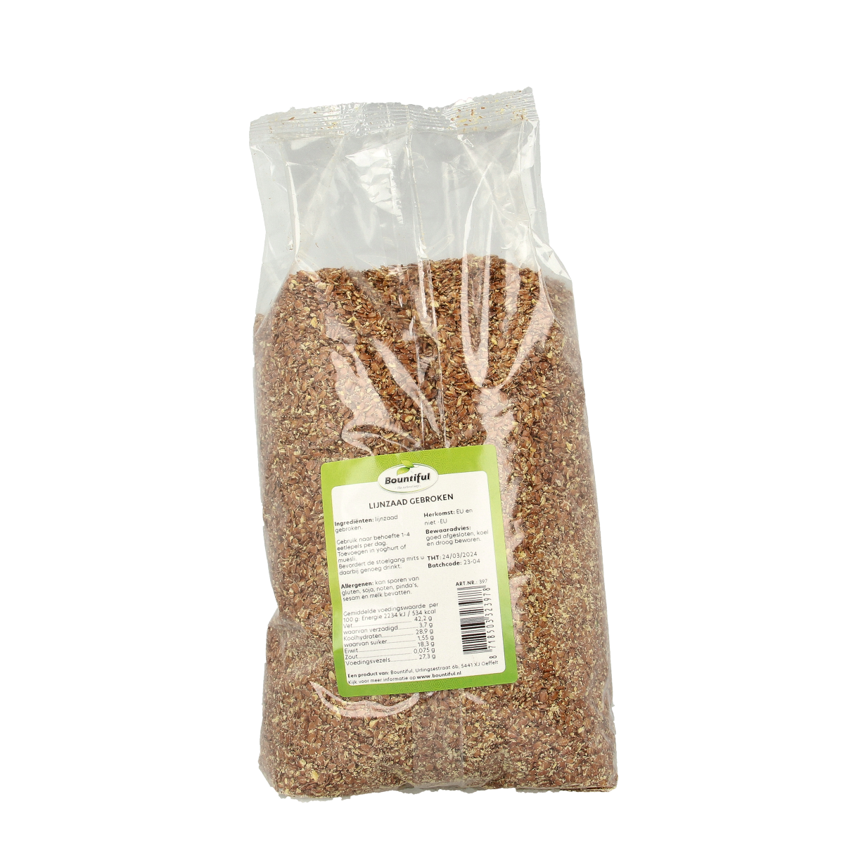 Bountiful broken flaxseed in a 1kg package, rich in fibers and enzymes, for healthy nutrition and digestion.