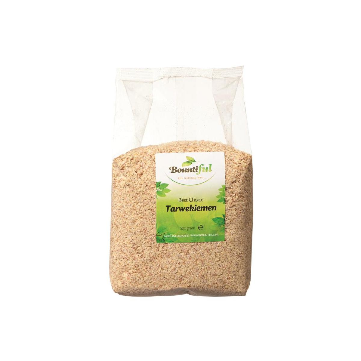 Raw Bountiful Tarwekiemen superfood in a 500g package, showing fresh wheat germ grains on the label.