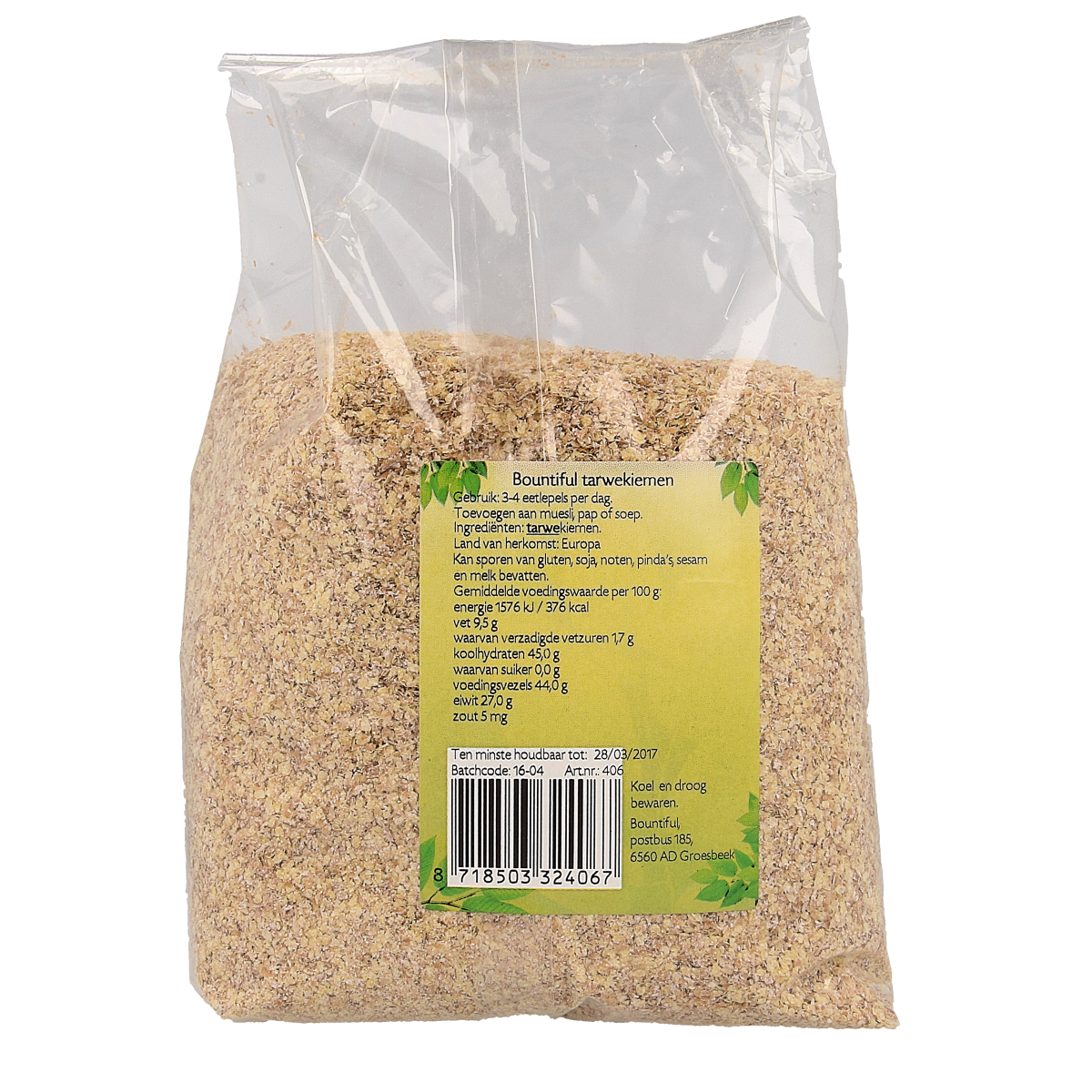 Bountiful Tarwekiemen raw superfood in 500g package, showing fresh wheat germ spread on a surface.