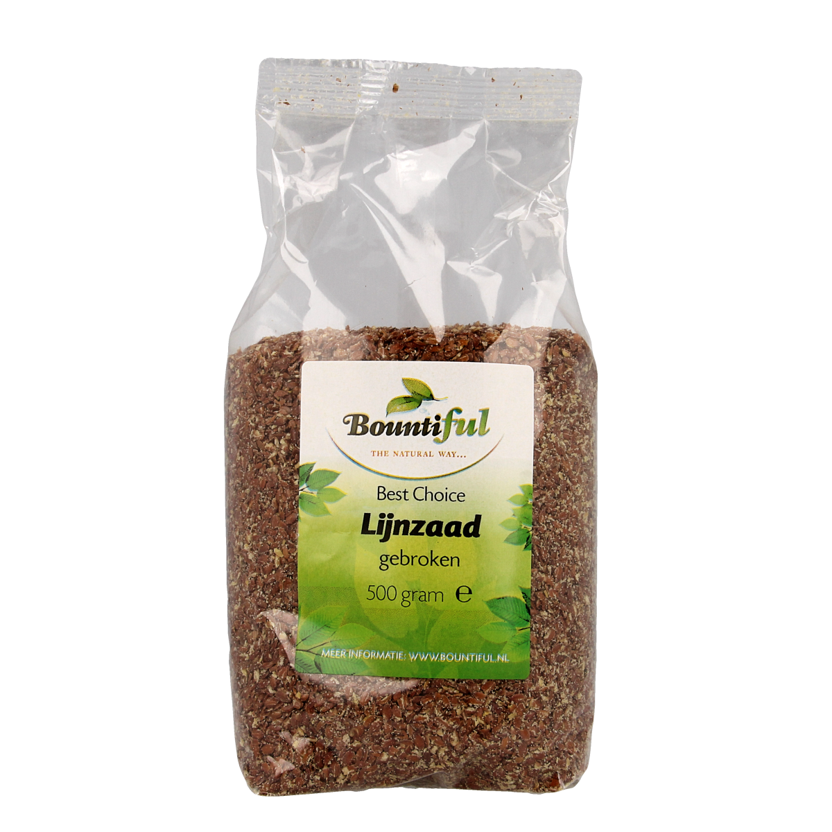 Bountiful Bountiful Lijnzaad gebroken, 500g, raw superfood flaxseed in a clear container with broken flaxseed visible.