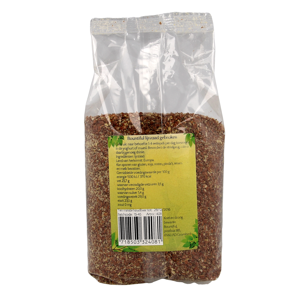 Bountiful Bountiful Lijnzaad gebroken 500g in a clear plastic bag, raw superfood flaxseed with golden brown color.