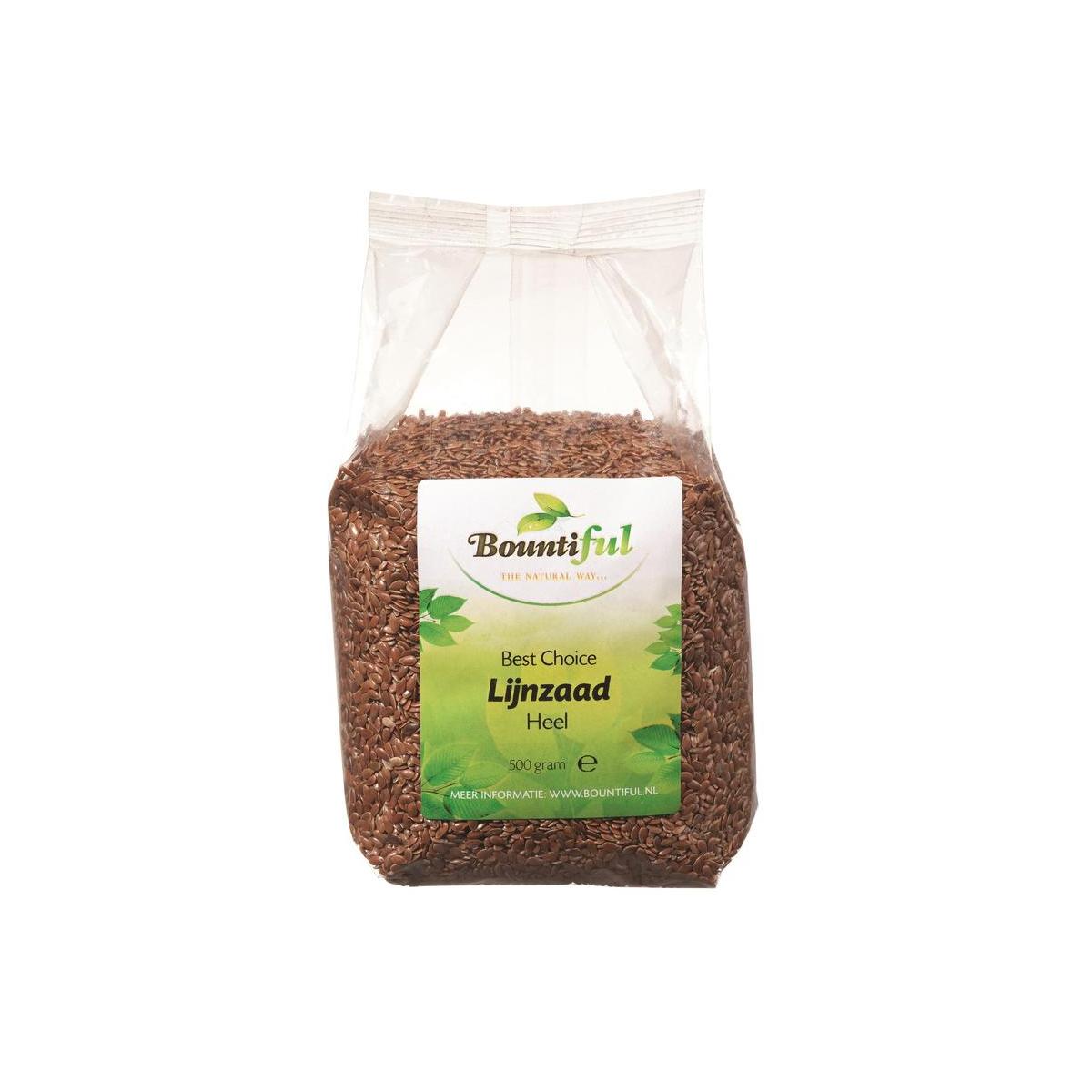 Bountiful Bountiful Lijnzaad heel 500g raw superfood seeds in a clear bag with label and measuring cup