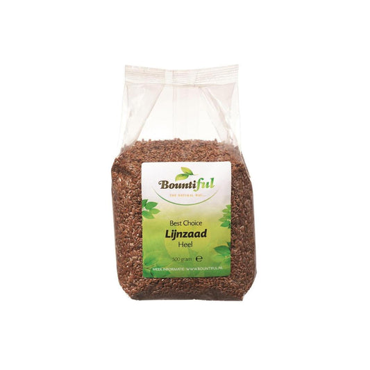 Bountiful Bountiful Lijnzaad heel 500g raw superfood seeds in a clear bag with label and measuring cup