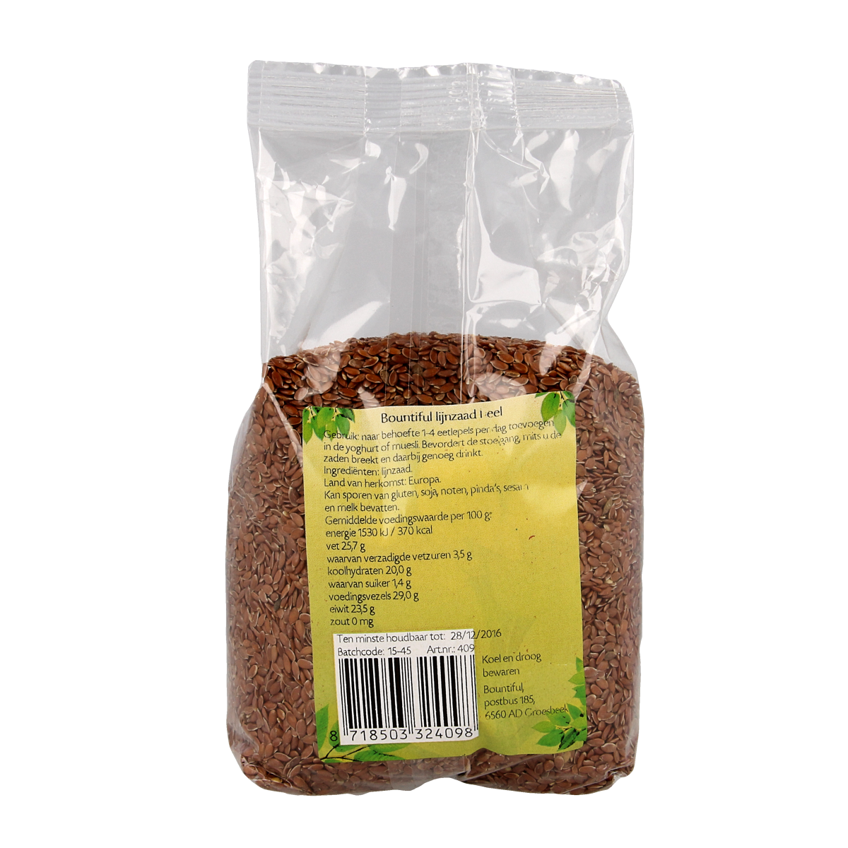 Bountiful Bountiful Lijnzaad heel 500g in a clear glass jar, showcasing raw flaxseed for superfoods and healthy eating.