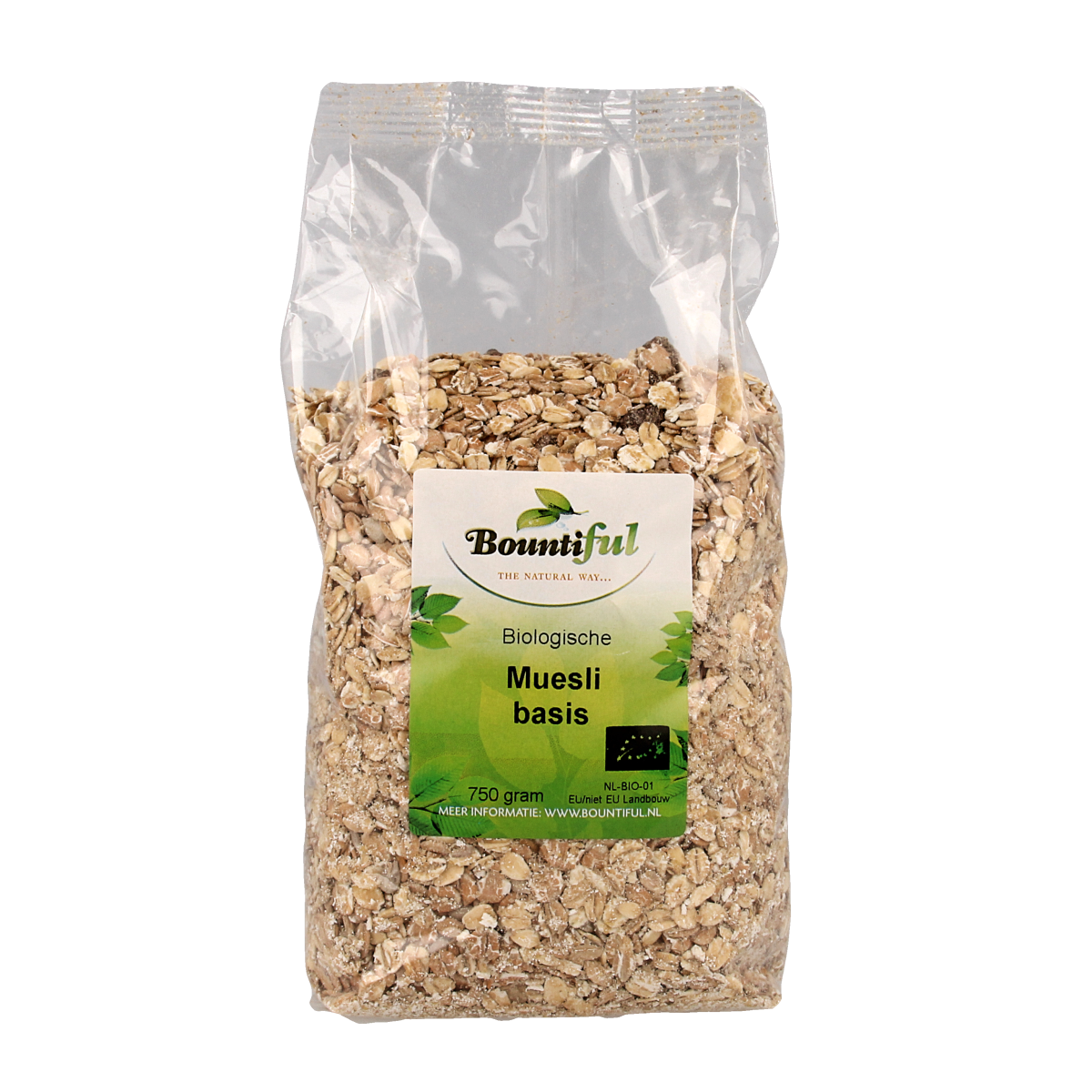 Bountiful Bountiful Muesli Basis Bio in a 750g bag, natural organic breakfast cereals with oats, nuts, and dried fruits.