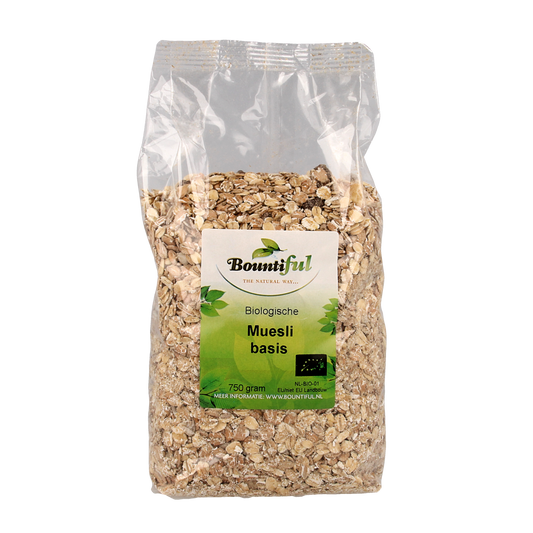 Bountiful Bountiful Muesli Basis Bio in a 750g bag, natural organic breakfast cereals with oats, nuts, and dried fruits.