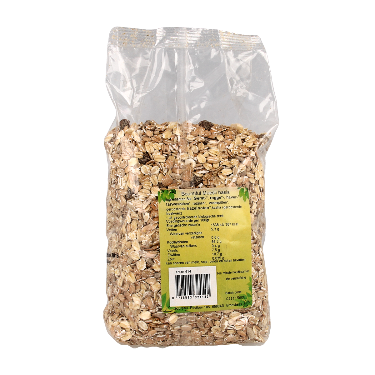 Bountiful Bountiful Muesli basis bio 750g in a clear bowl with grains, nuts, and dried fruits for healthy breakfast.