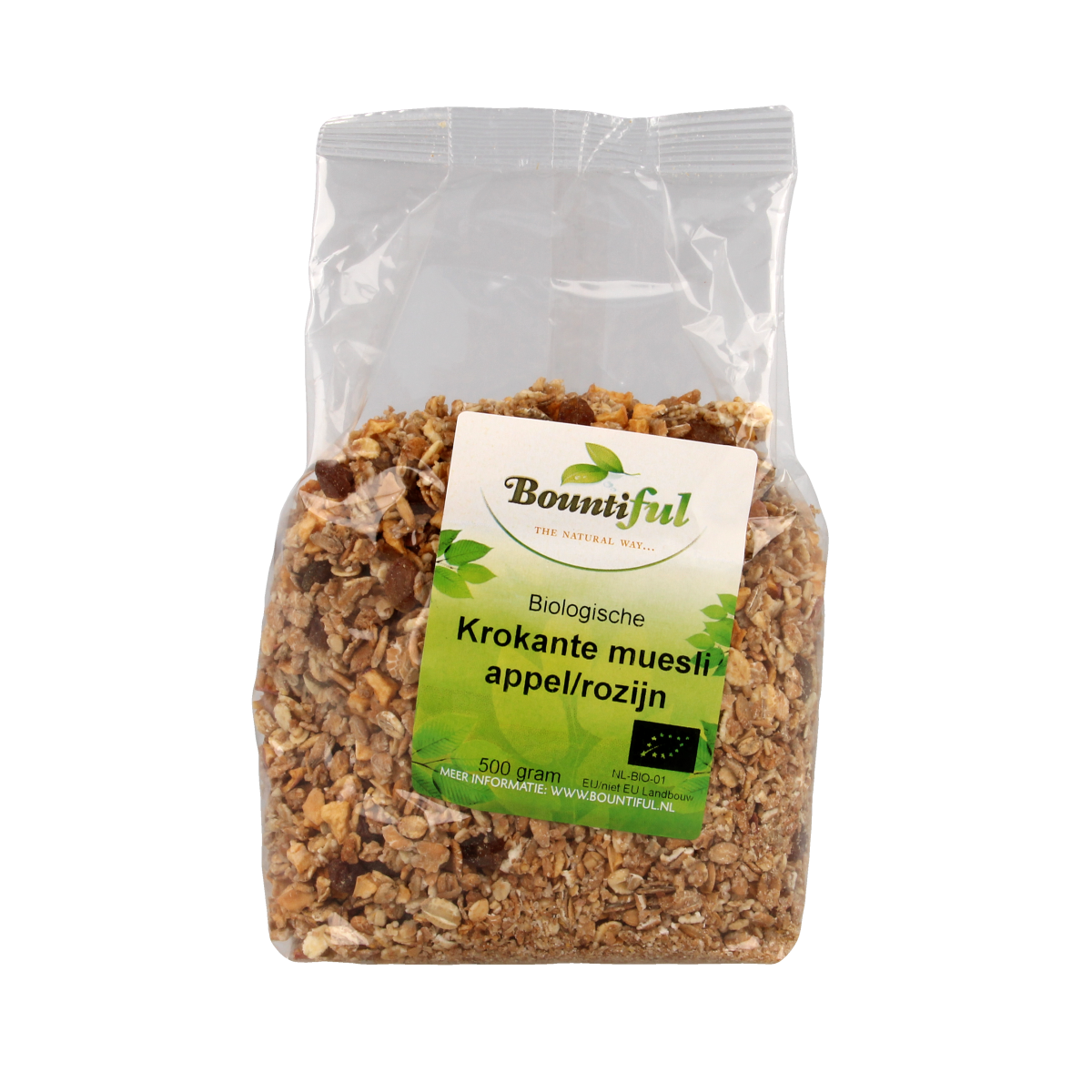 Bountiful organic granola with apple and raisin, 500g breakfast muesli in a clear bowl